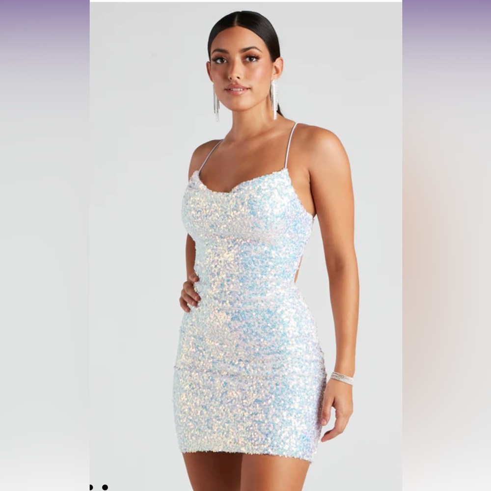 White sequin iridescent cowl neck bodycon dress. In perfect condition.